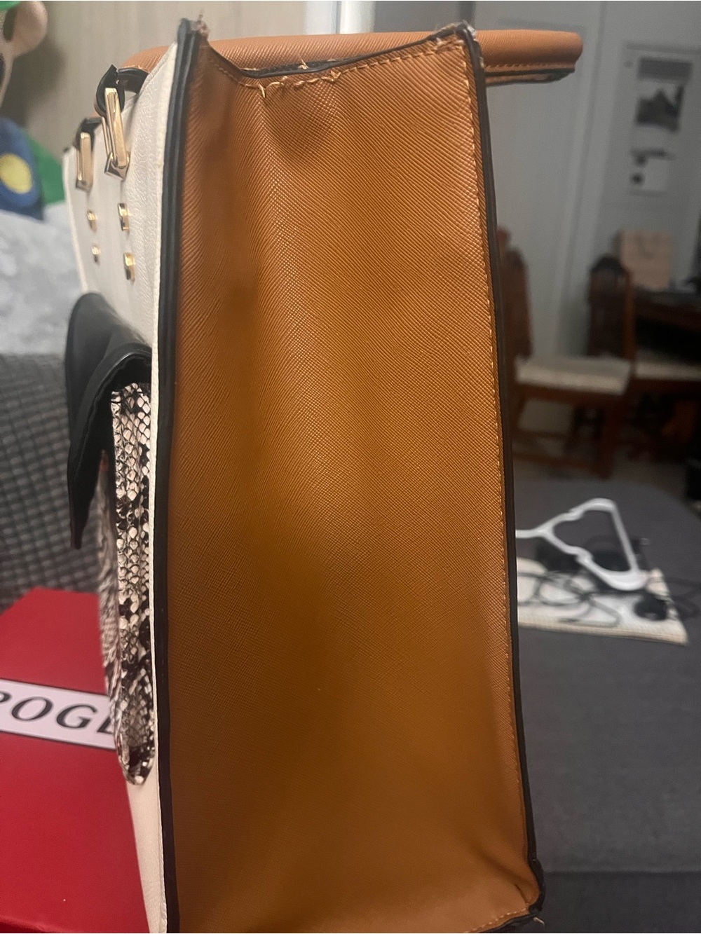 ALDO Colorblock Executive Tote Bag | Cream, Cognac & Black Faux Snakeskin Pocket - Picture 7 of 12